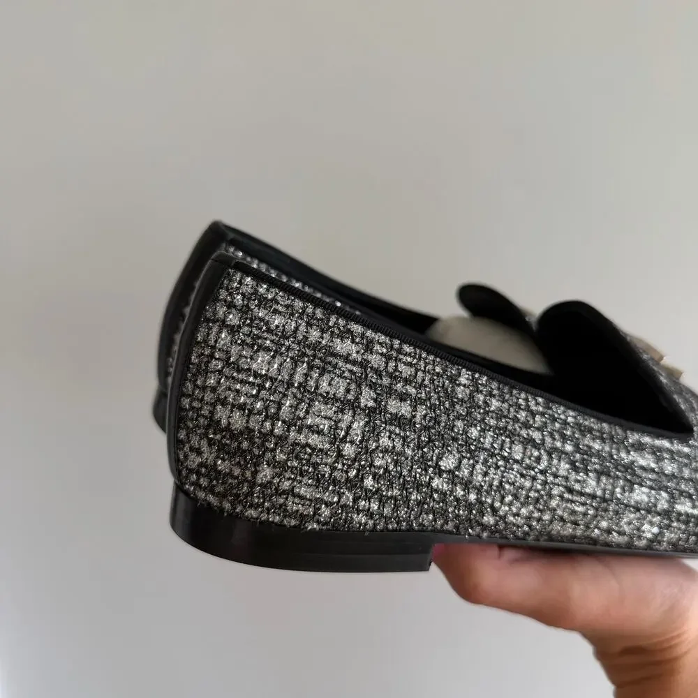 Chanel Fantasy Fabric Grosgrain Tweed CC Mocassin Loafers 39 Silver Black 9 NEW